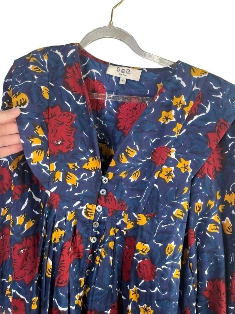 Sea New York Women's Navy Floral Pintuck Button-Front Peplum Blouse